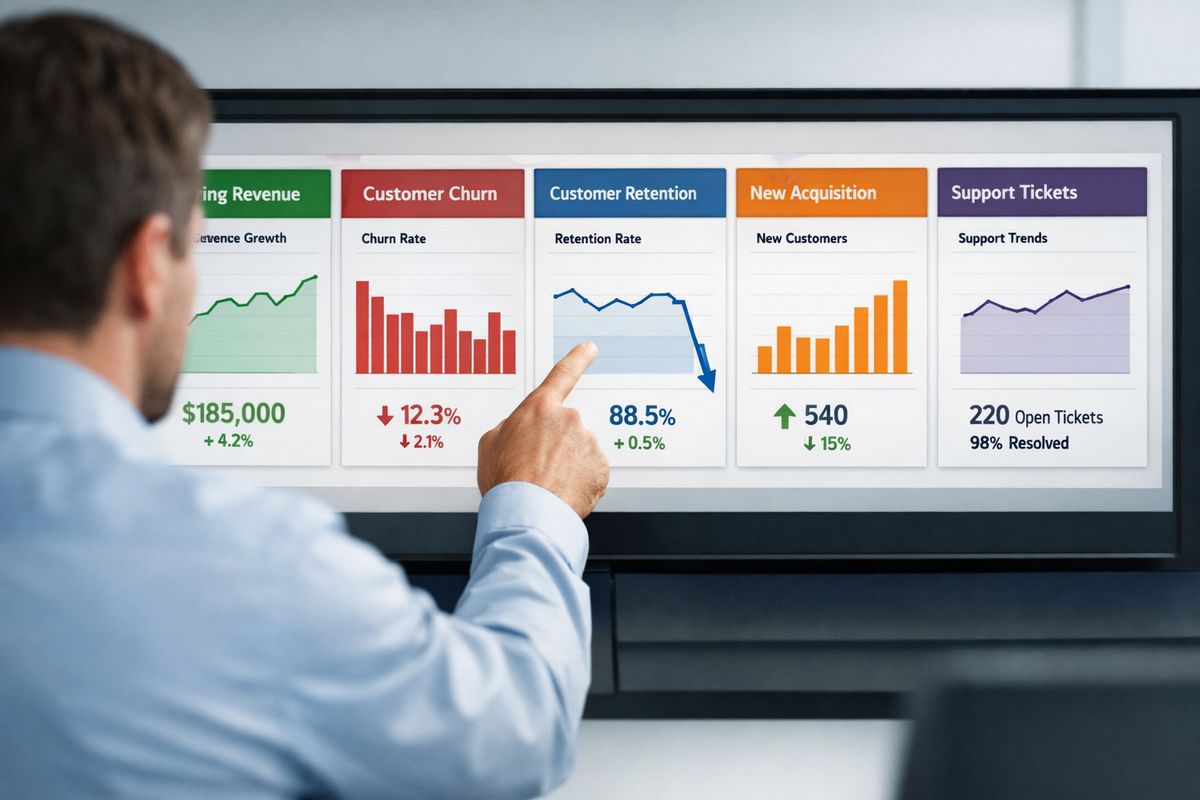 A clean control-room style screen showing multiple panels of recurring revenue, churn, retention, acquisition, and support trends side by side, with a person pointing at a sharp drop in one line graph while the others remain steady