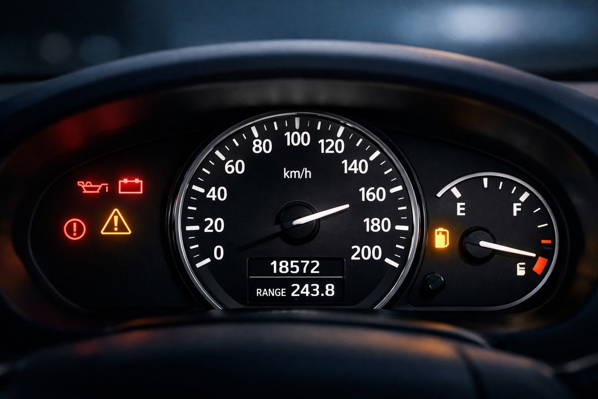 A car dashboard at night with a speedometer, fuel gauge, and warning lights glowing clearly, symbolizing how key business numbers help reveal performance and risk.