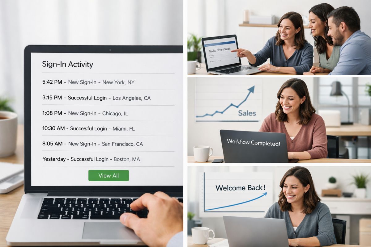 A split-screen scene showing one side with a stream of sign-in activity and the other side with a customer completing a core workflow, inviting teammates, and returning the next week, with a simple sales chart in the background rising only when the workflow is completed repeatedly