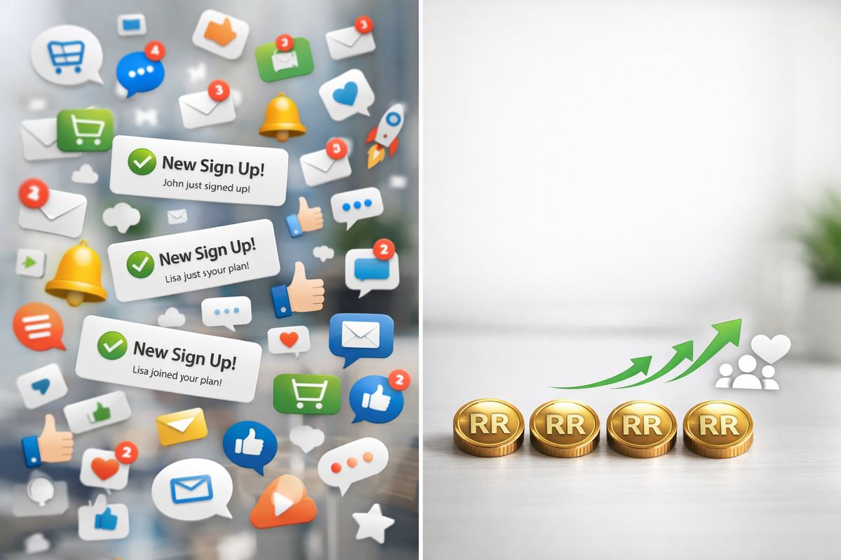 A split view showing one side with a flood of floating product activity icons and signup notifications, and the other side with a clean line of recurring revenue coins and customer retention arrows, illustrating the difference between busy activity and real business progress