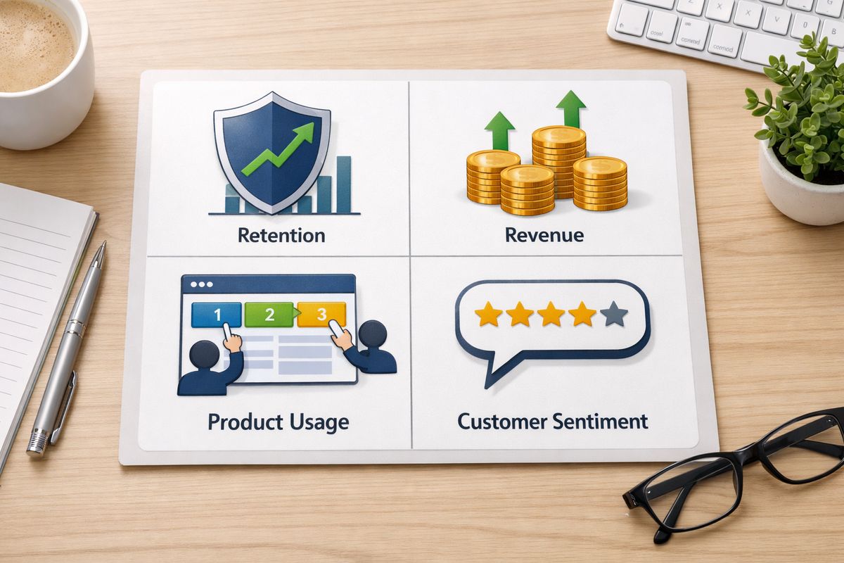 A neatly arranged four-panel infographic on a desk, showing a shield with a rising line for retention, stacked coins and arrows for revenue, a software interface with users clicking through steps for product usage, and a speech bubble with a star rating for customer sentiment