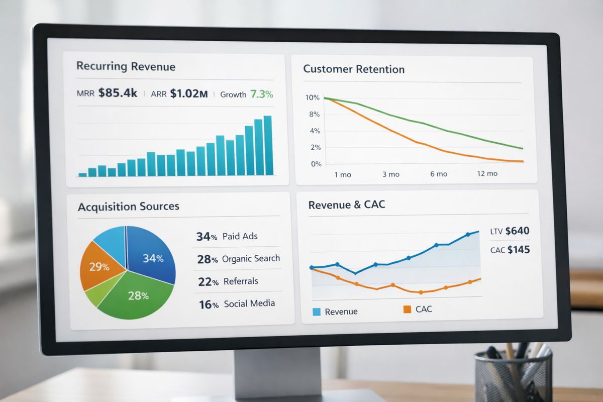 A close-up of a subscription business control panel showing recurring revenue bars, customer retention curves, acquisition sources, and efficiency charts on the same screen, with some lines rising while others flatten or dip.