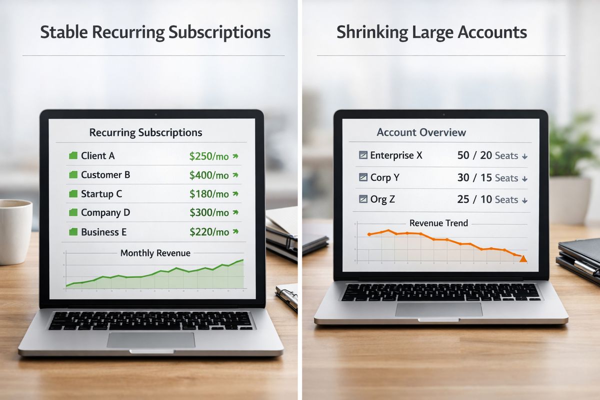 A side-by-side visual of two customer account states: one panel showing several small recurring subscriptions steadily continuing, and another showing a few larger accounts shrinking from full seat allocations to fewer seats, with a revenue line subtly dropping even though most accounts remain active.