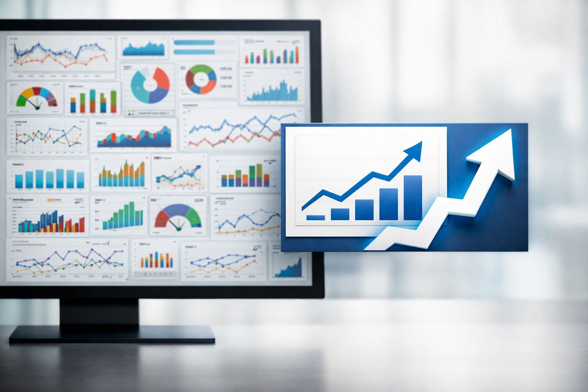 A cluttered analytics screen with dozens of small charts and gauges in different colors, where one simple highlighted chart stands out beside a clear upward path marker, showing the contrast between noisy data and a few important business signals.