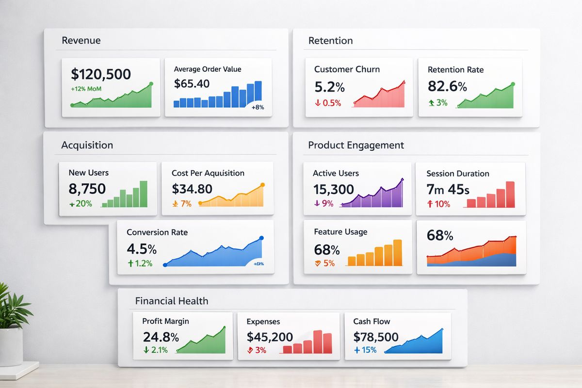 A clean analytics workspace with several separate metric cards arranged by category, showing revenue, retention, acquisition, product engagement, and financial health as distinct clusters, with colored charts and trend lines grouped into a single dashboard layout