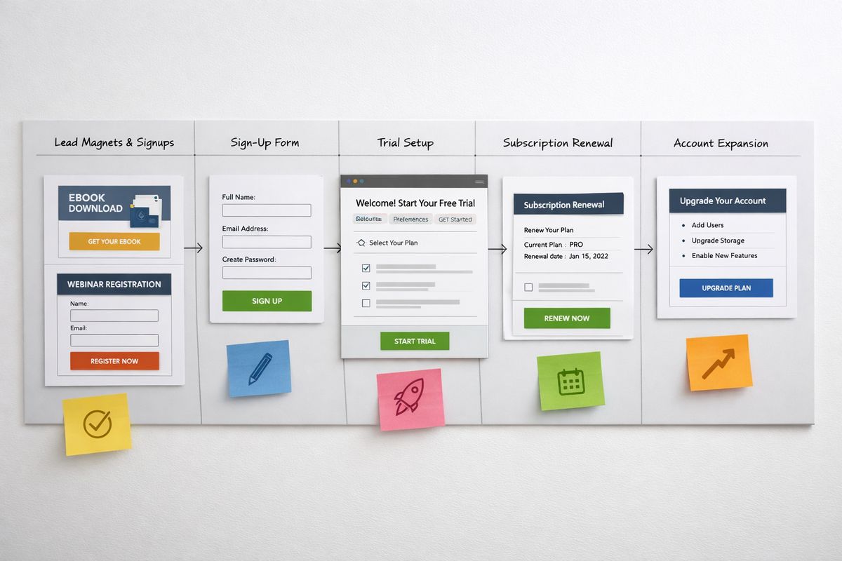 A sequence of five connected panels showing a customer journey map, with lead magnets and signup forms on the left, a trial setup screen in the middle, and subscription renewal and expansion account views on the right, arranged like a workflow board on a wall.