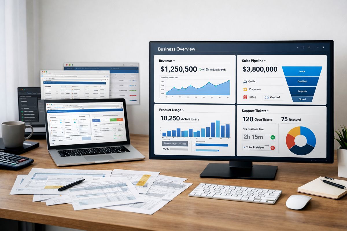 A desktop setup with several open browser windows and scattered spreadsheet printouts, alongside a single unified analytics screen pulling revenue, pipeline, product usage, and support data into one view, suggesting the messy sources being replaced by one trusted system