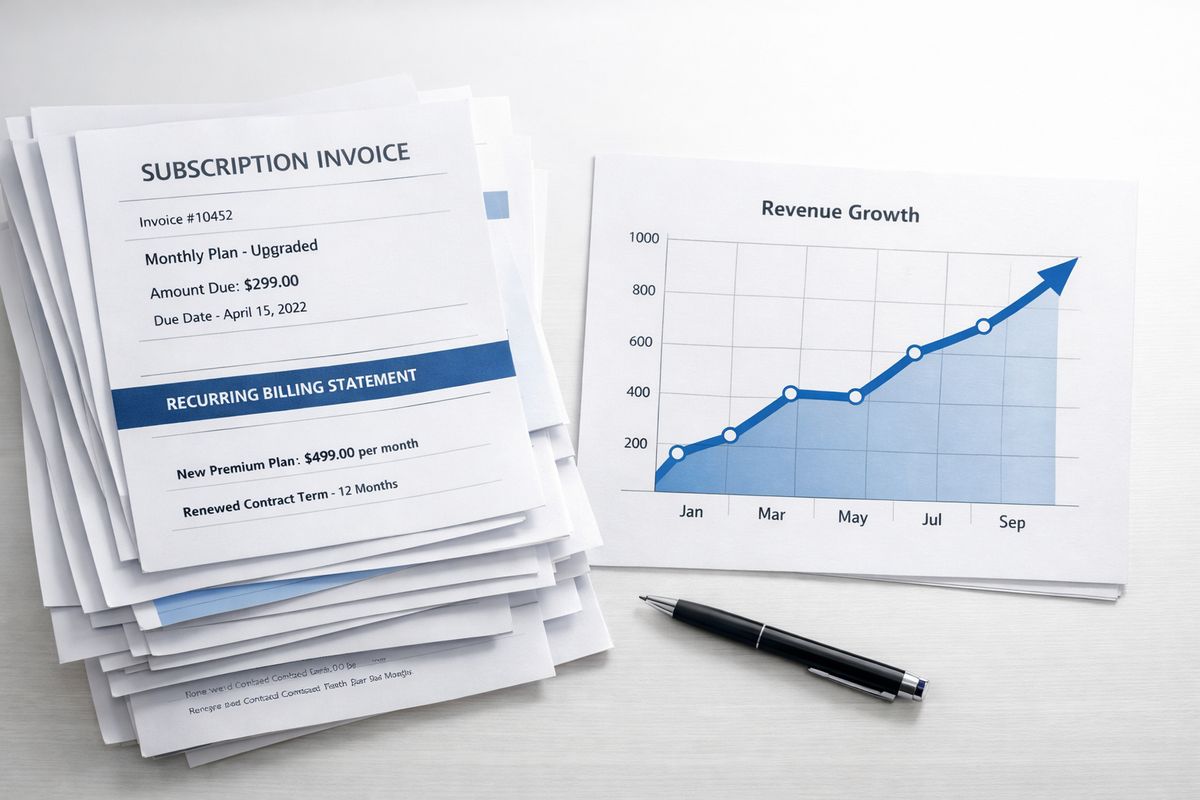 A stack of subscription invoices and recurring billing statements arranged beside a rising line chart on paper, with a few pages showing upgraded plan amounts and renewed contracts.