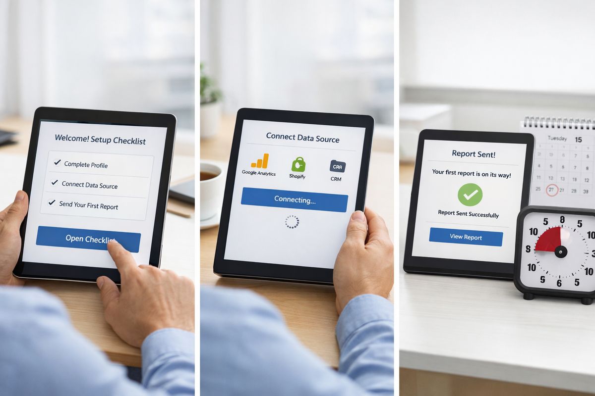A new user moving through a product onboarding flow on a tablet, opening a setup checklist, connecting a data source, then sending the first report, with a timer or calendar nearby emphasizing how quickly the first useful result is reached