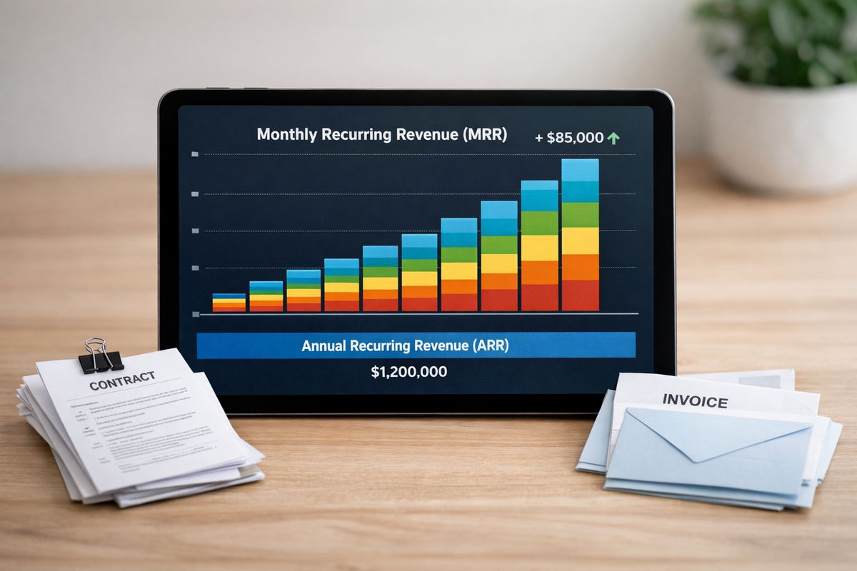 A financial tracking board on a tablet with monthly recurring revenue rising in stacked colored blocks, annual recurring revenue shown as a longer steady bar, and small contract documents and invoice envelopes arranged beside it to show how recurring revenue is counted over time