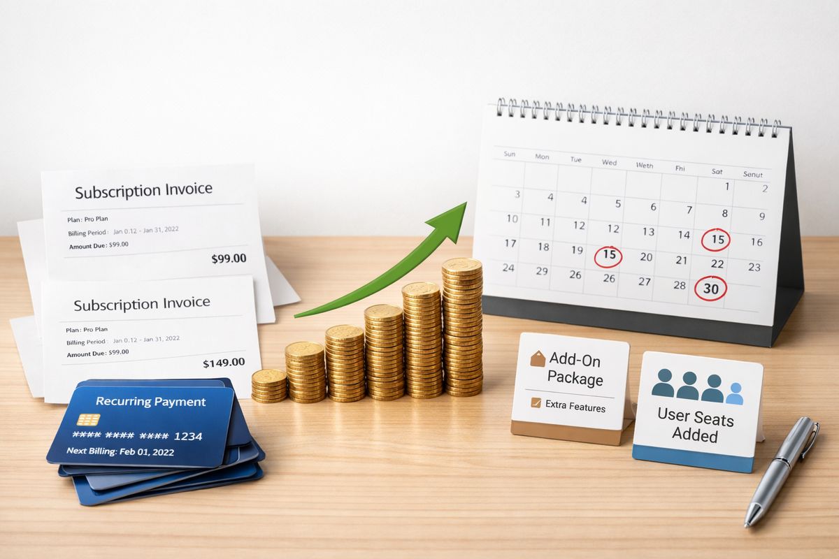 A SaaS billing scene with subscription invoices, stacked recurring payment cards, a growing bar chart made from coins, and a calendar with renewal dates marked, alongside a product add-on package and extra user seats being added to an account