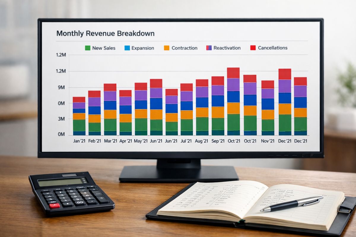 A financial reporting view with stacked revenue components separated into new sales, expansion, contraction, reactivation, and cancellations, shown as colored monthly bars over time on a large monitor beside a calculator and ledger notebook.