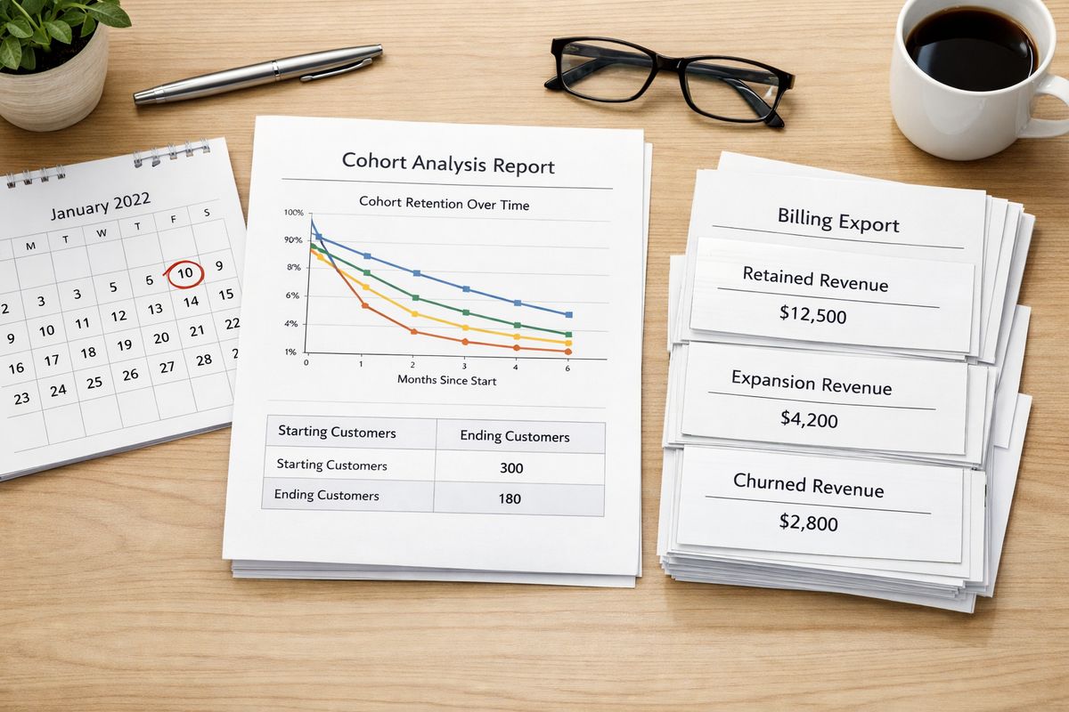 A clean workspace with a cohort report spread out on a desk, including a calendar page marked with the same start date, a simple table of starting customers and ending customers, and a separate billing export sheet with retained revenue, expansion revenue, and churned revenue grouped into distinct stacks of papers.