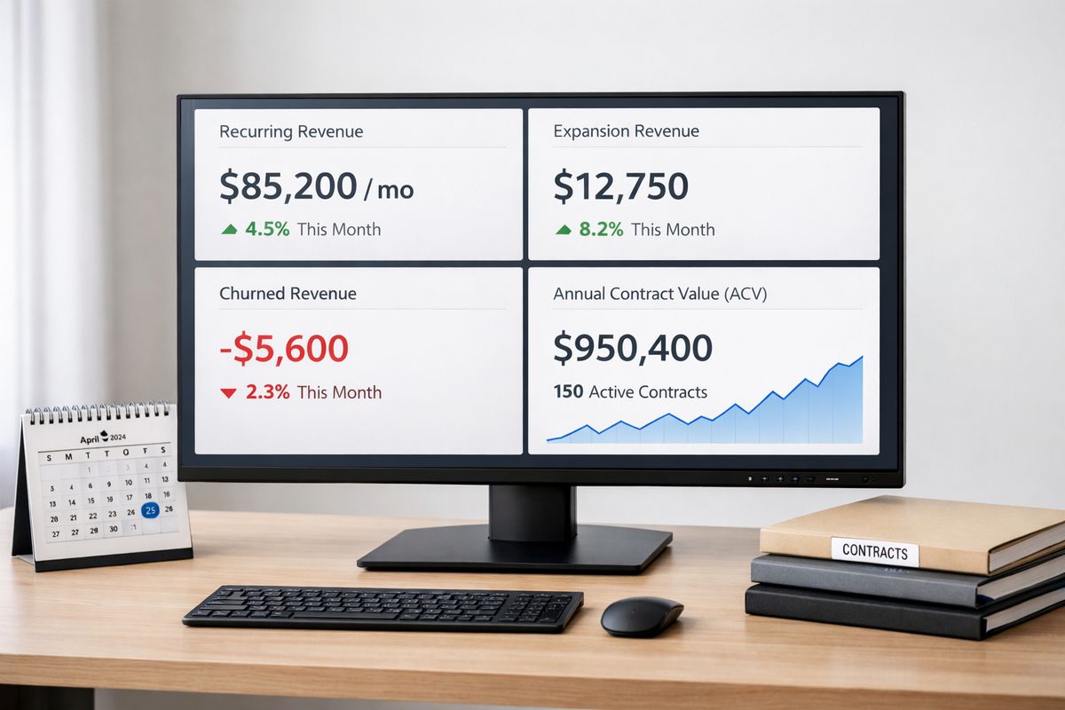 A clean revenue-tracking display shown on a large monitor with separate panels for recurring revenue, expansion, churned revenue, and annual contract values, alongside a simple calendar and stack of contract folders on a desk.
