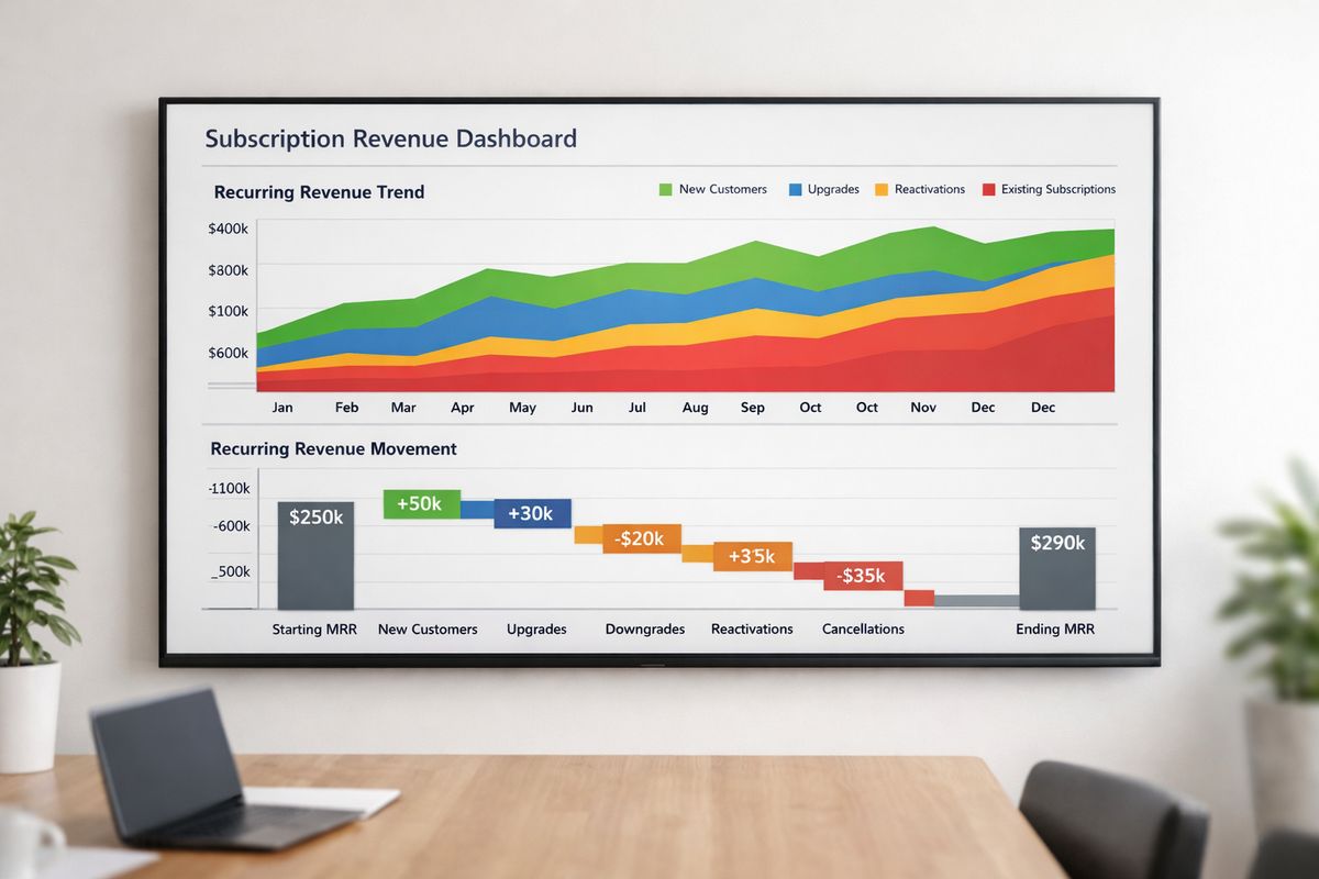 A subscription revenue dashboard on a large screen with stacked line charts and waterfall charts showing recurring revenue movement, including new customer adds, upgrades, downgrades, reactivations, and cancellations over time