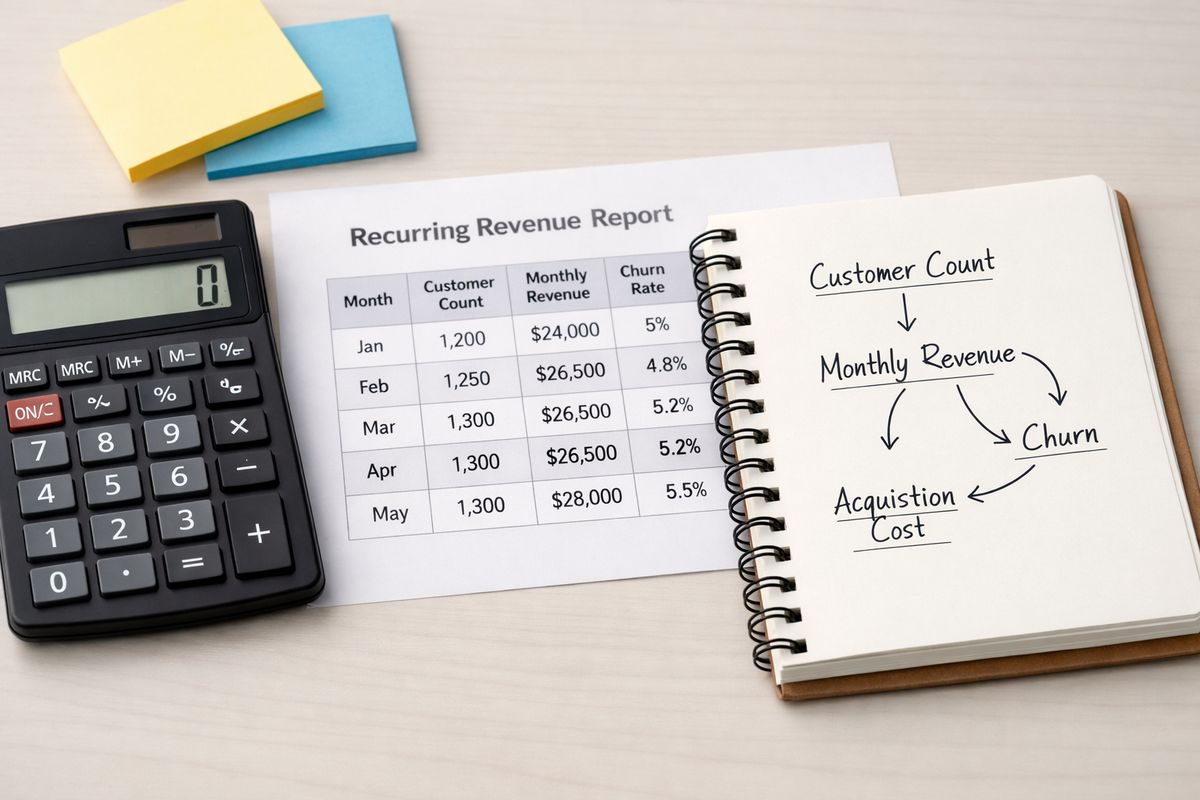 A close-up of a calculator, a printed table of recurring revenue figures, and a notebook with hand-written arrows connecting customer counts, monthly revenue, churn, and acquisition cost, laid out on a desk with a few colored sticky notes.