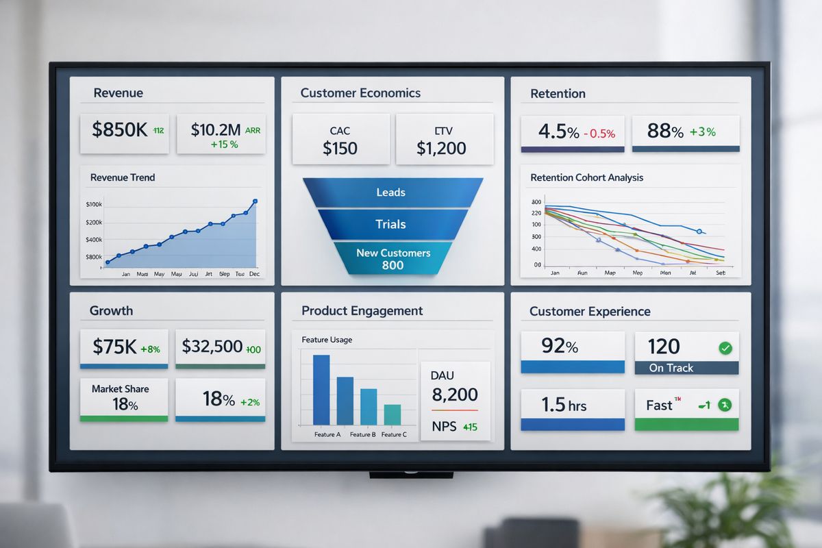 A large monitoring display divided into neat sections for revenue, customer economics, retention, growth, product engagement, and customer experience, with line charts, funnel graphics, and status tiles arranged in grouped blocks
