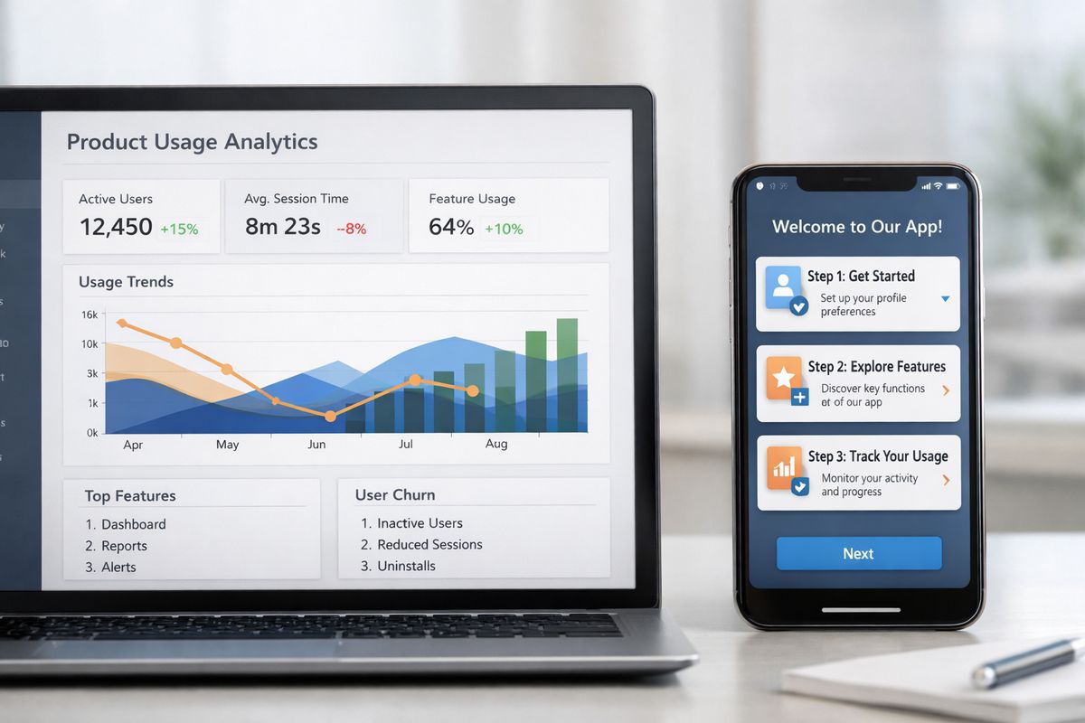 A product usage analytics screen showing rising and falling activity over time next to a mobile app interface with onboarding steps, feature highlights, and usage patterns implied by changing colored graphs.