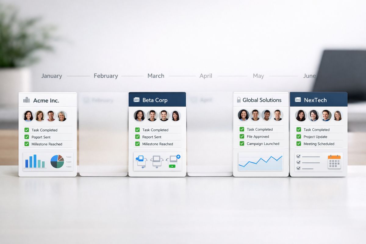 A row of customer accounts represented as connected workspace cards over several months, where some cards fade out to show churn while others stay active with repeated task completion, expanded team access, and ongoing workflow activity