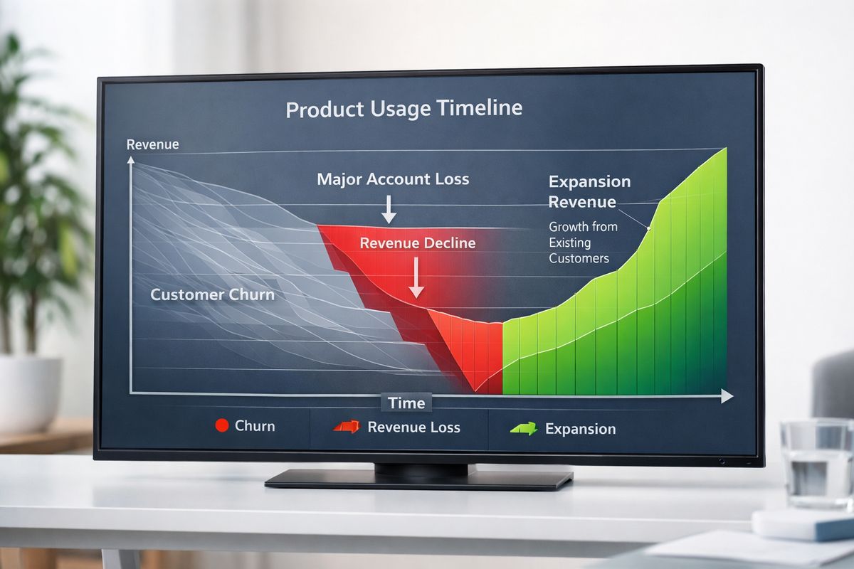 A product usage timeline displayed on a screen-like panel, with several customer accounts fading out over time, one large account dropping sharply, and an expanding segment growing upward, visualizing churn, revenue loss, and expansion from existing customers