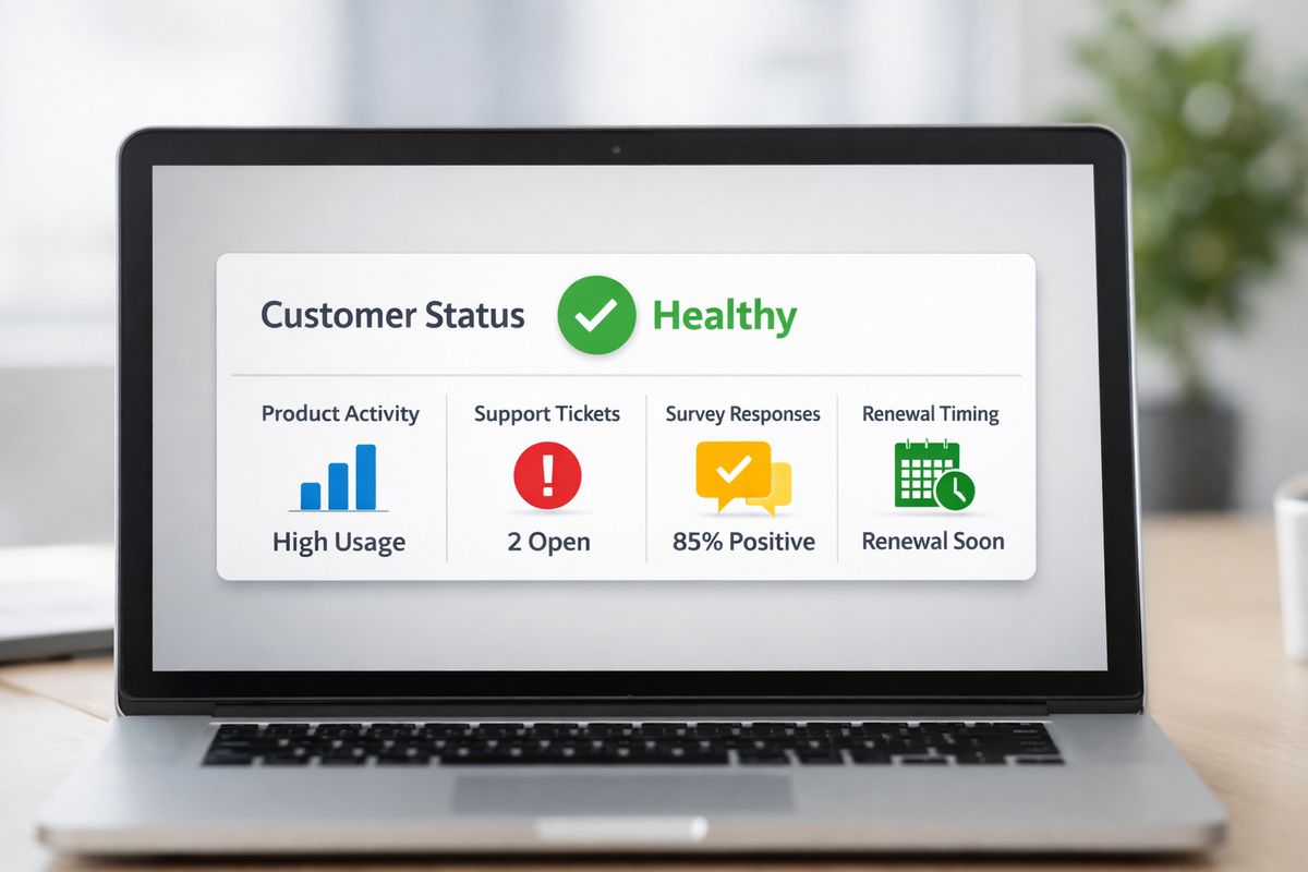 A simple scorecard interface showing several colored indicators grouped into one summary tile, with inputs like product activity, support tickets, survey responses, and renewal timing feeding into a single customer status panel