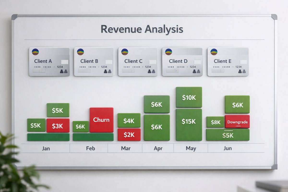 A revenue analysis board showing a row of customer accounts represented by payment cards and monthly revenue blocks, where a few blocks shrink while others grow larger, illustrating downgrades, churn, and expansion across existing customers.