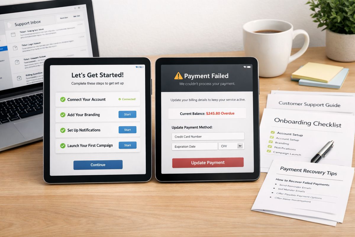 A product onboarding flow shown on a tablet next to a support inbox and billing tools: one screen guiding a customer through setup steps, a second showing a failed payment recovery flow, and nearby printed help guides and setup checklists arranged to suggest improving onboarding, support, and dunning together.