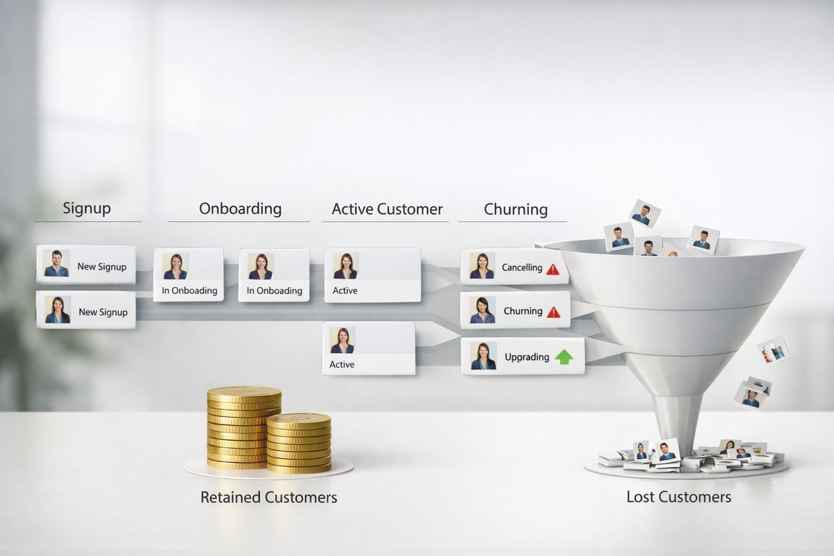 A SaaS customer lifecycle board illustrated as a row of account cards moving from signup to active use, with some cards marked as leaving and others expanding, plus a visible funnel of kept versus lost subscriptions represented by stacked coins and shrinking customer tiles.