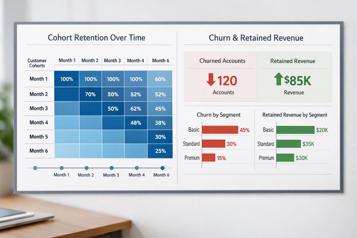 A cohort retention chart displayed beside a customer timeline, with rows of customer groups gradually shrinking over months and a separate panel comparing churned accounts and retained revenue across different segments