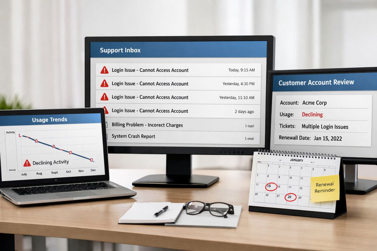 A product usage timeline displayed across several screens showing declining activity, a support inbox with repeated issue threads, and a customer account review panel beside a calendar marked near renewal dates, all suggesting early warning signs before cancellation.