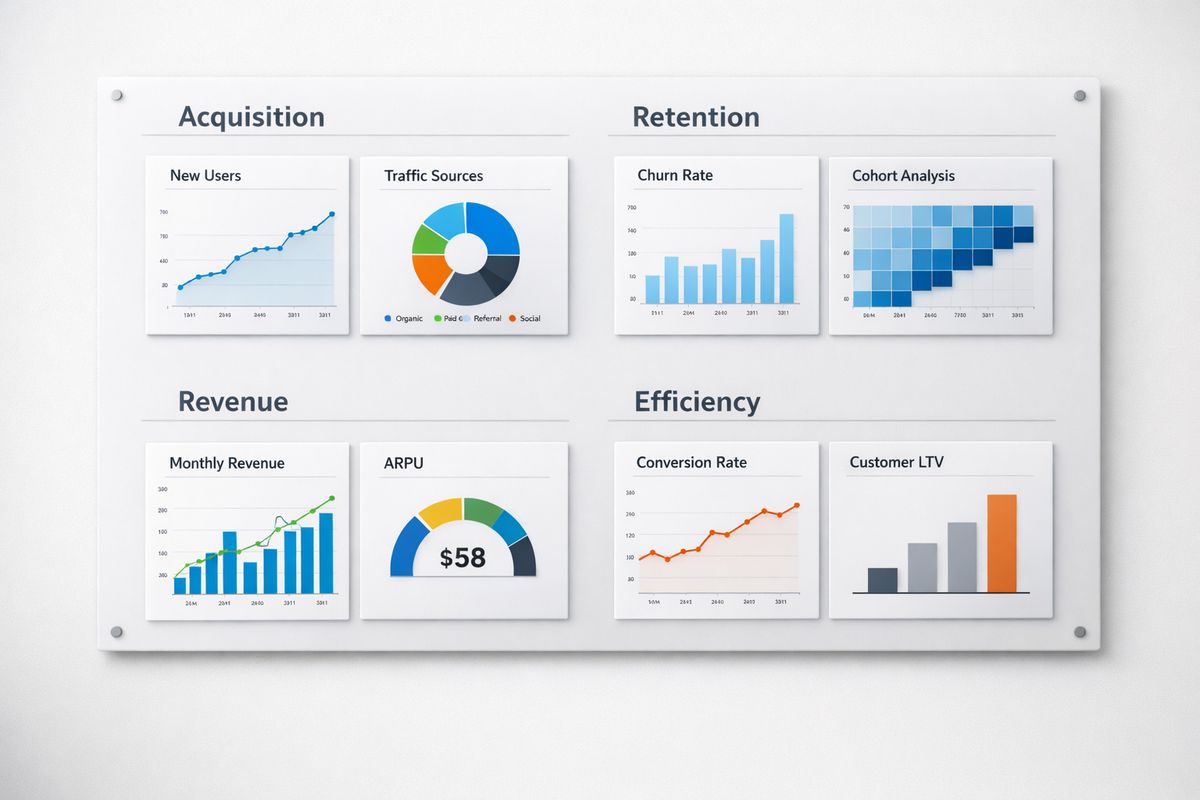 A clean wall-mounted reporting board with several separate chart panels grouped into sections for acquisition, retention, revenue, and efficiency, arranged in a simple, uncluttered layout.