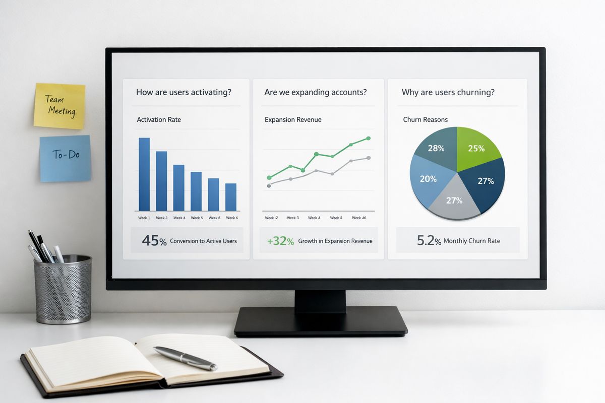 A clean analytics interface on a large monitor with only a few focused charts, next to sticky notes and a notebook, showing a team reviewing specific questions about activation, expansion, and churn rather than a crowded wall of graphs