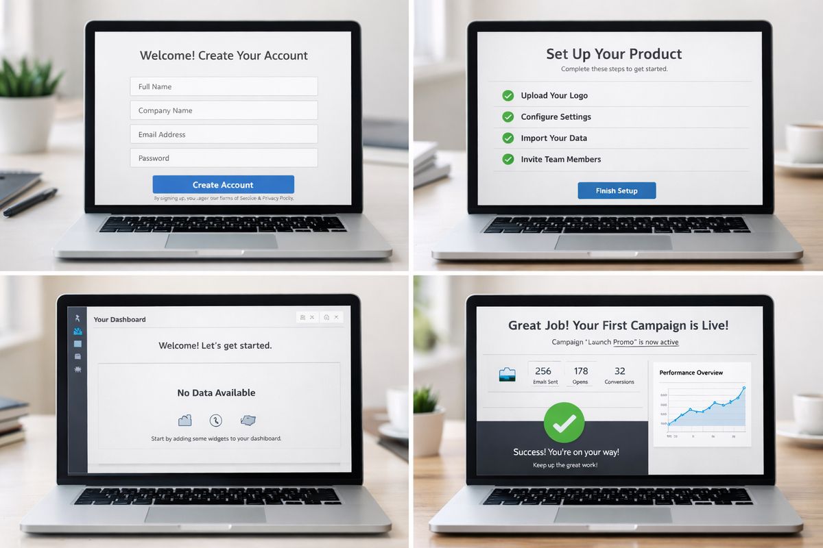 A sequence of SaaS onboarding steps laid out on a clean interface: a new customer account setup form, a product configuration checklist, an empty first dashboard, and then a completed workflow with a successful first action, showing how better onboarding and faster time-to-value improve retention and growth