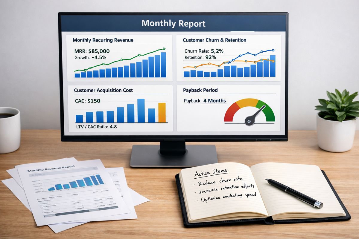 A simple monthly reporting setup with a single screen displaying a compact set of recurring revenue, churn, retention, acquisition cost, and payback charts, alongside printed reports and a notebook with a few handwritten action items.