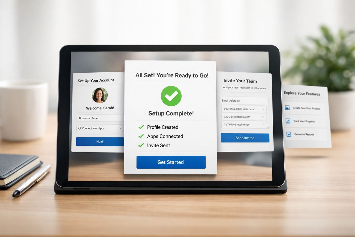 A product onboarding flow on a tablet showing a sequence of setup steps, with user account screens, a completed checklist, a team-invite screen, and a feature-usage panel, all arranged to show the moment a new customer reaches first value.