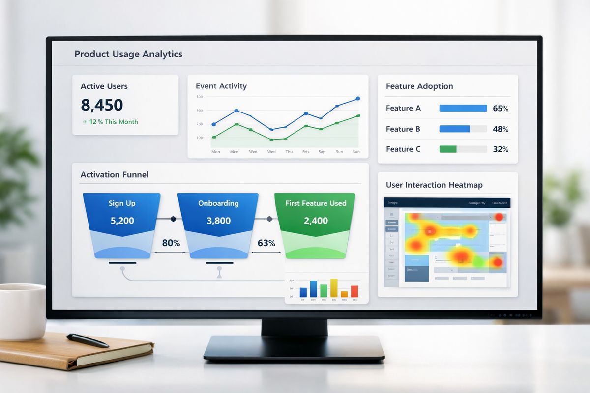 A product usage analytics interface showing active users, feature adoption, and activation flows, with funnel-style screens of a software app, event activity graphs, and a heatmap of user interactions across key features