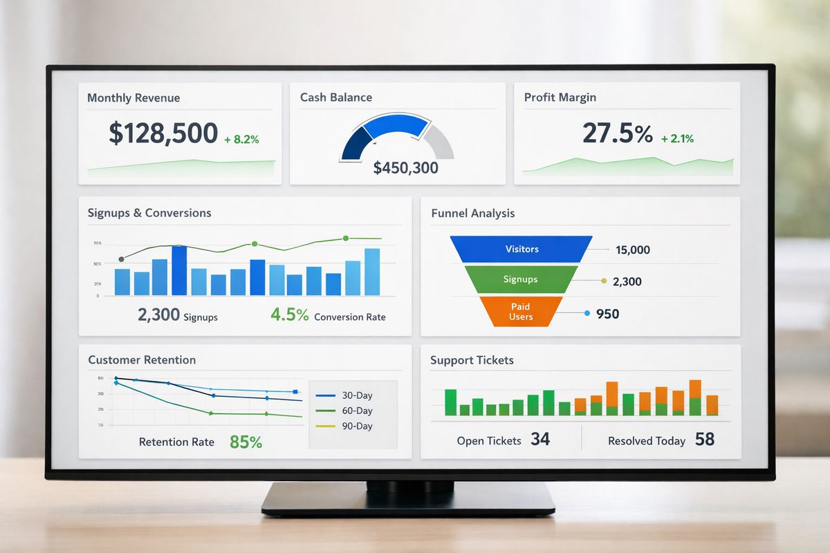 A three-row dashboard layout on a widescreen monitor: the top row focused on revenue and cash health, the middle row on signup and conversion flow, and the bottom row on retention and customer support signals, all arranged as simple cards and trend charts