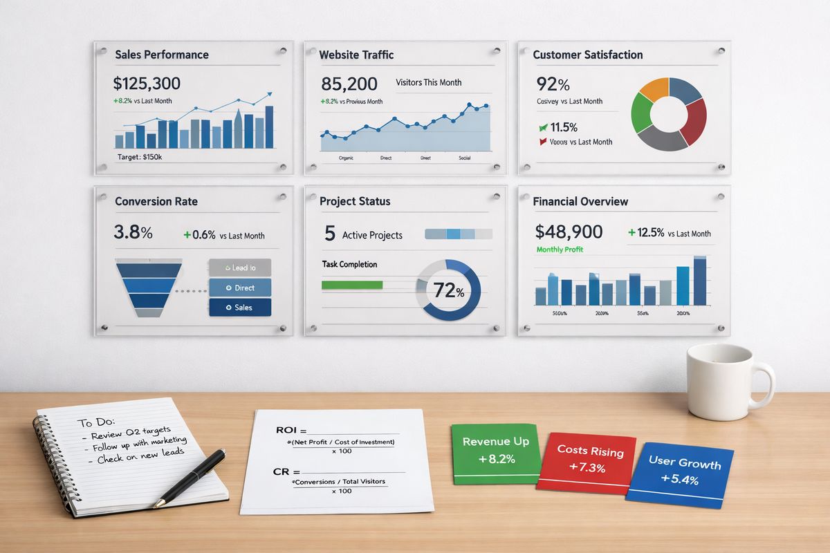 A neatly arranged wall-mounted dashboard made of several clear metric panels, each separated into a few focused sections, with a single owner’s notes, printed formulas, and colored trend cards laid out beside it on a clean table.